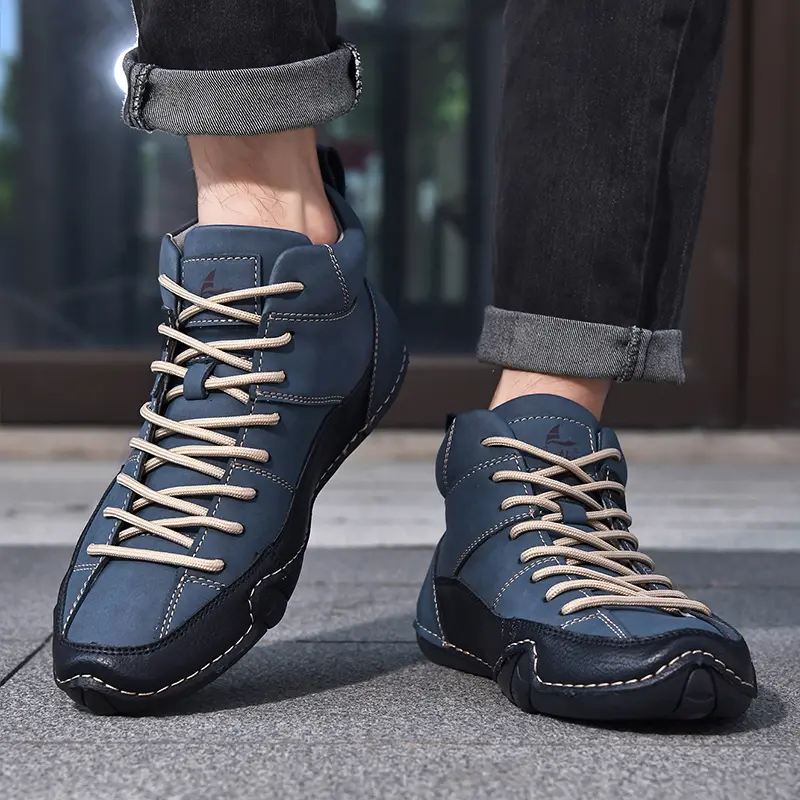 Retro Handmade Pu Leather Men Boots Fashion Designer Sneakers Man Outdoor Ankle Boots Men Walking Shoes Breathable Hombres Botas