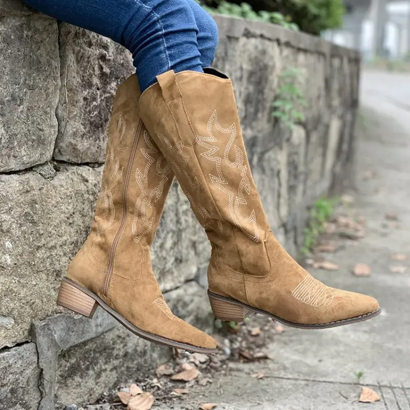 Women Boots Embroidered Western Cowboy Boots Spring Autumn Pointed Toe Thick Heel High Knee Boots PU Leather Long Boot Botas New