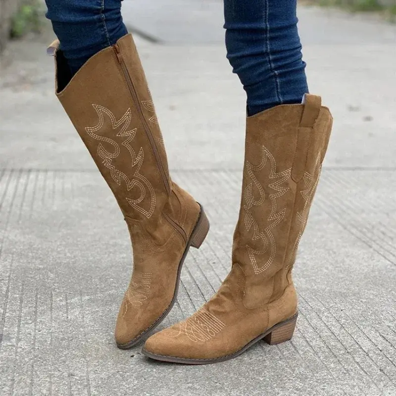 Women Boots Embroidered Western Cowboy Boots Spring Autumn Pointed Toe Thick Heel High Knee Boots PU Leather Long Boot Botas New