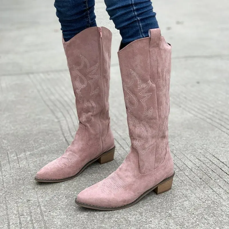 Women Boots Embroidered Western Cowboy Boots Spring Autumn Pointed Toe Thick Heel High Knee Boots PU Leather Long Boot Botas New