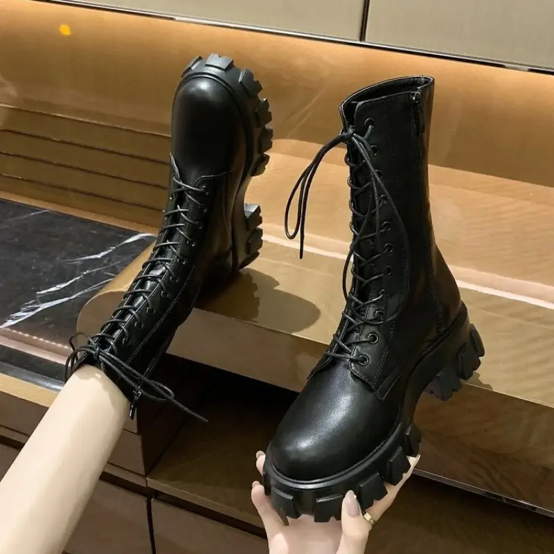 New Mid Calf Boots Women Autumn Winter Fashion Lace-up Ladies Chelsea Zipper Botas Mujer Boots Sports Platform Heel Ladies Shoes