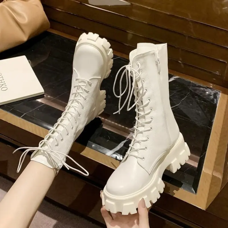 New Mid Calf Boots Women Autumn Winter Fashion Lace-up Ladies Chelsea Zipper Botas Mujer Boots Sports Platform Heel Ladies Shoes