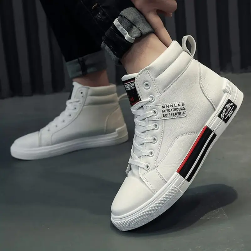 Fashion Leather Men Canvas Shoes High-Top Casual Shoes Autumn Men Non-Slip Sneakers Winter Flat Tennis Shoe Zapatillas De Hombre