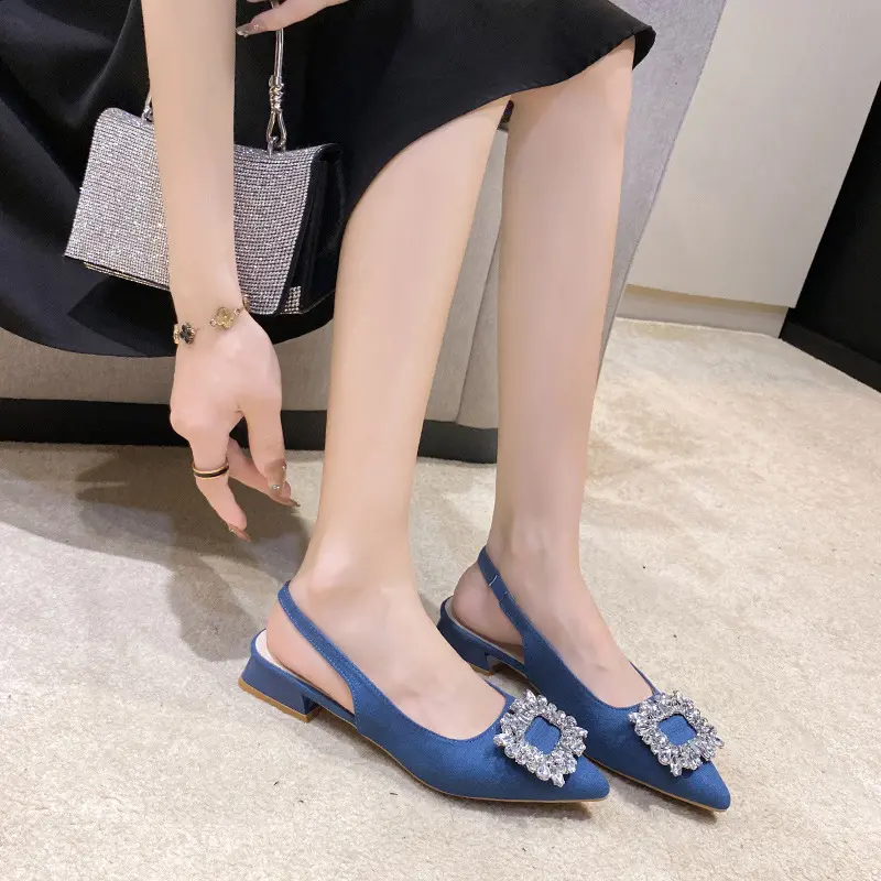 Fashion Women's Sandals Summer New Slingback Slippers Female Low Heel Rhinestone Buckle Back Strap Sexy Pumps Sandalias De Mujer