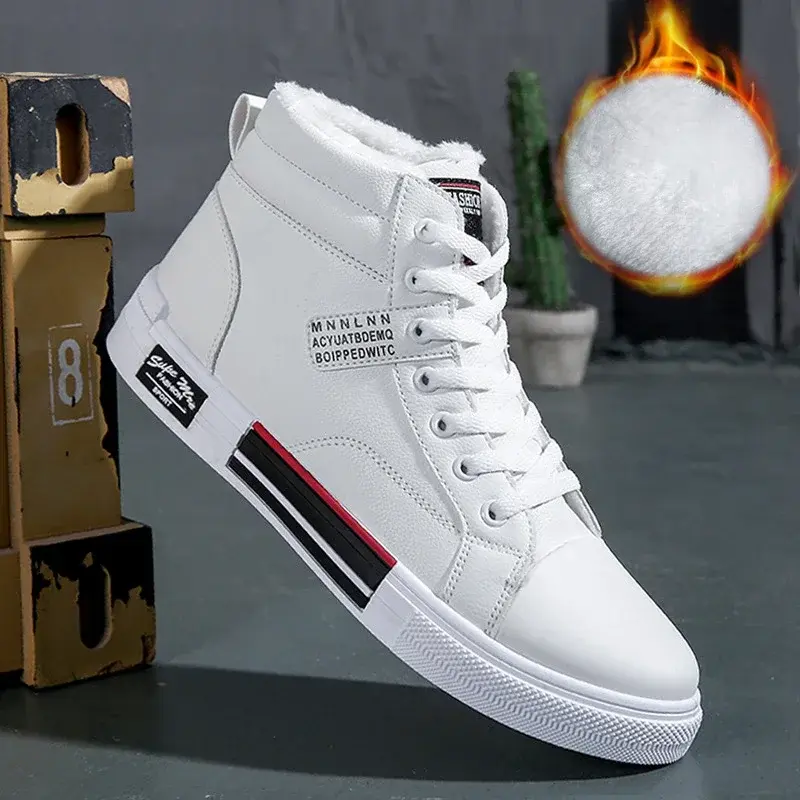 Fashion Leather Men Canvas Shoes High-Top Casual Shoes Autumn Men Non-Slip Sneakers Winter Flat Tennis Shoe Zapatillas De Hombre