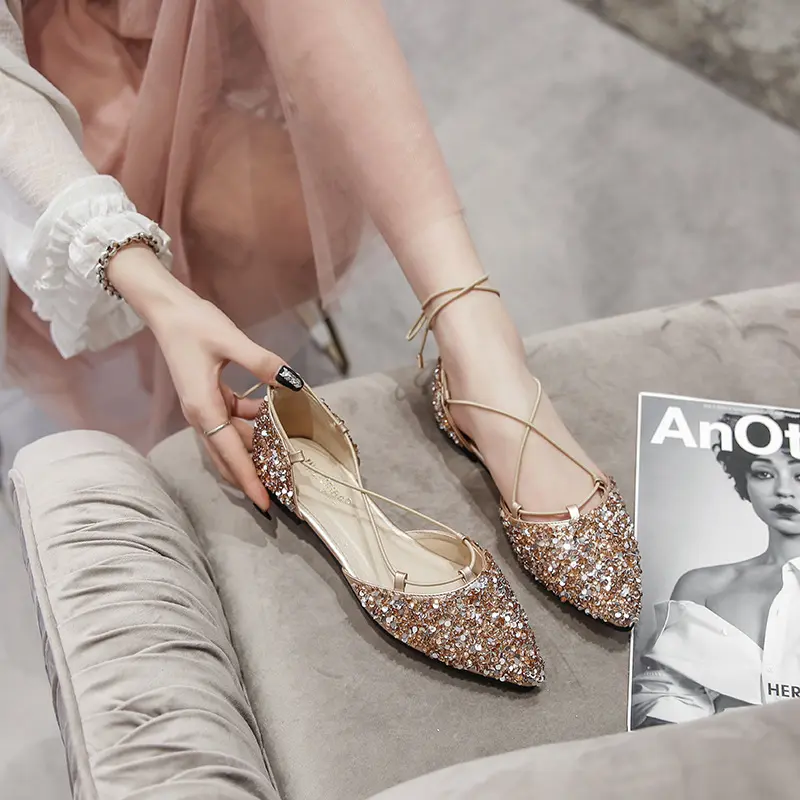 2025 Luxury Women's Shoes Rhinestone Ballet Flats Cross-Tied Lace Up Mules Crystal Women Wedding Shoes Pointed Toe Shallow Shoes