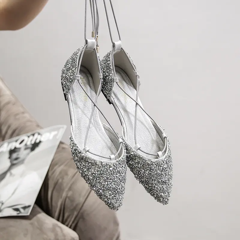 2025 Luxury Women's Shoes Rhinestone Ballet Flats Cross-Tied Lace Up Mules Crystal Women Wedding Shoes Pointed Toe Shallow Shoes