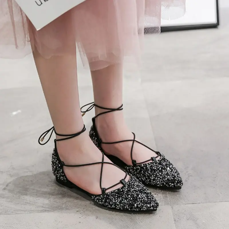 2025 Luxury Women's Shoes Rhinestone Ballet Flats Cross-Tied Lace Up Mules Crystal Women Wedding Shoes Pointed Toe Shallow Shoes