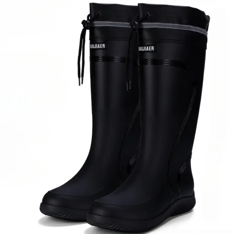 Men's Rain Boots Waterproof Mid Calf Boots Non-slip Rainproof Work Boots Outdoor Water Shoes Soft Drawstring Rubber Boot Botas