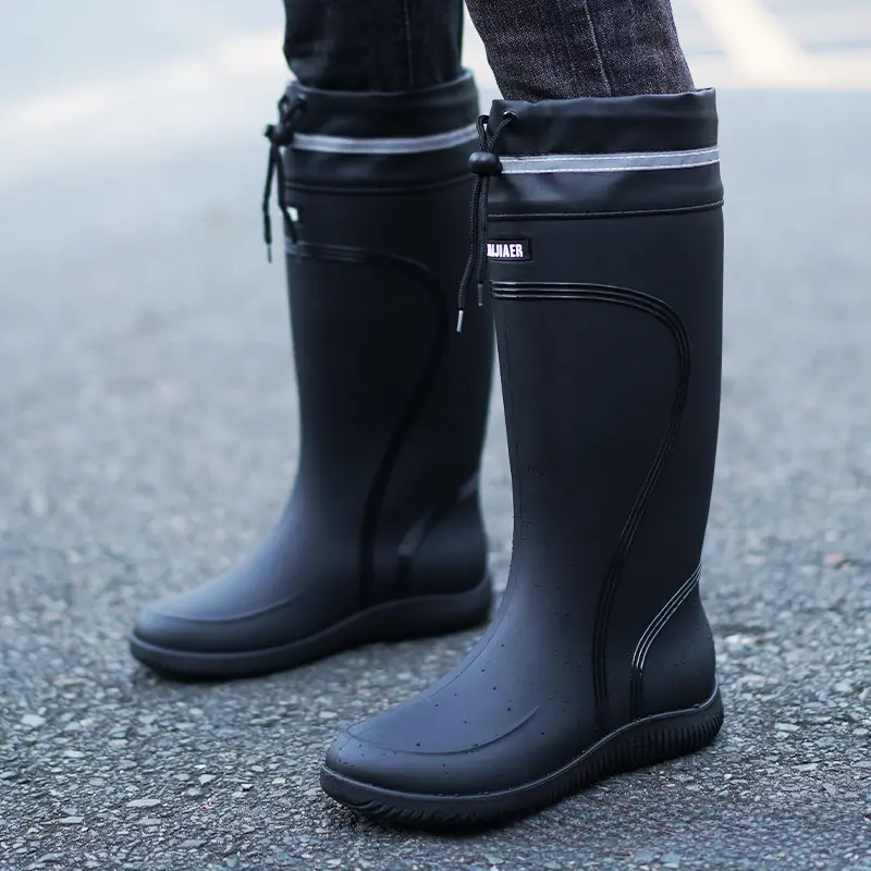 Men's Rain Boots Waterproof Mid Calf Boots Non-slip Rainproof Work Boots Outdoor Water Shoes Soft Drawstring Rubber Boot Botas