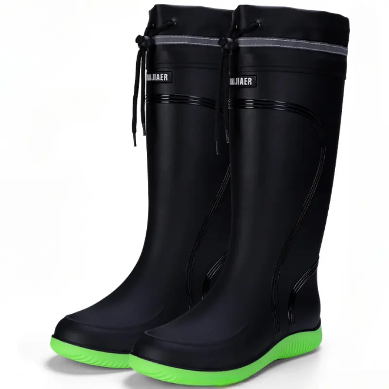 Men's Rain Boots Waterproof Mid Calf Boots Non-slip Rainproof Work Boots Outdoor Water Shoes Soft Drawstring Rubber Boot Botas