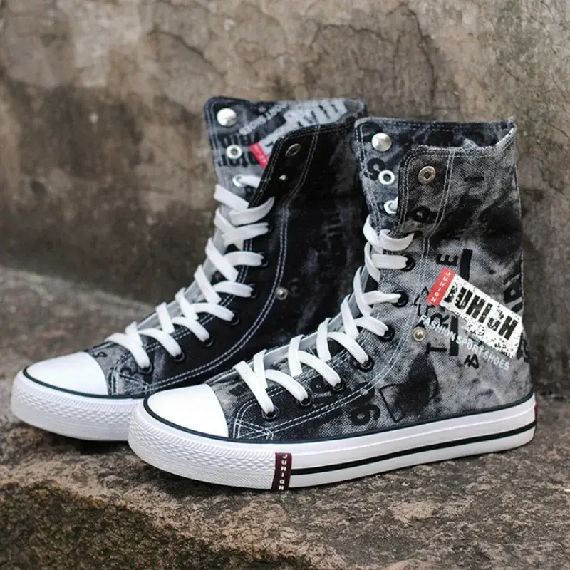 Men Canvas Shoes High-top Flats Lace-up Men Shoes Print Denim Shoes for Male Breathable Casual Shoe Cowboy Boots Tenis Masculino