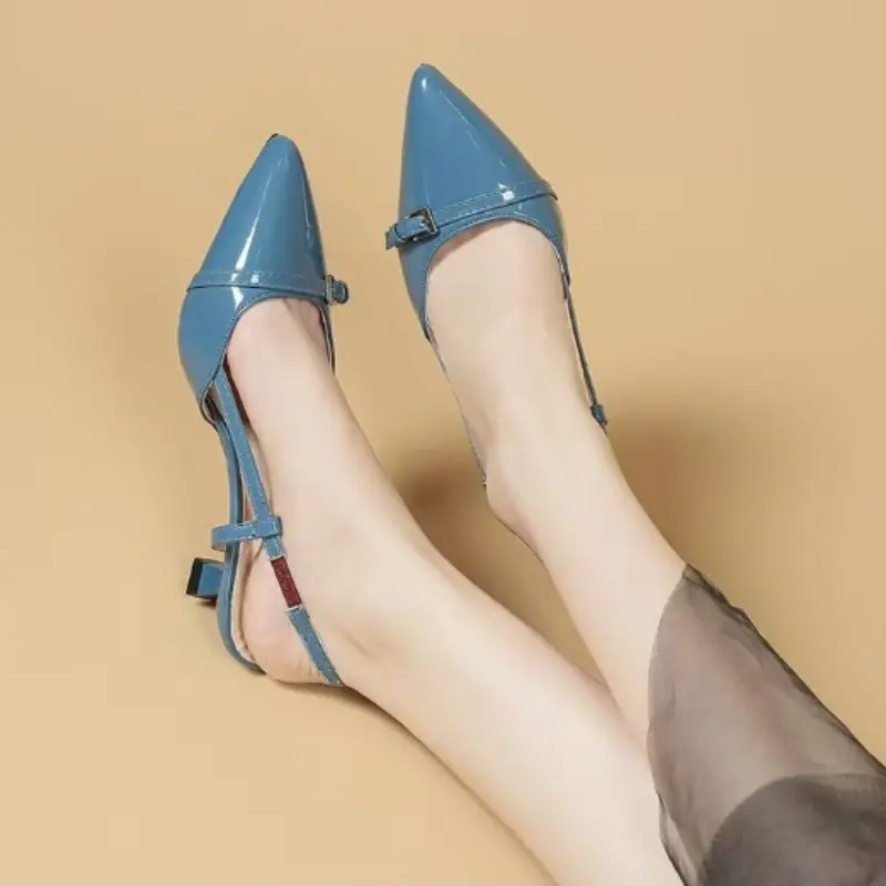 Women's Sandals Pointed Toe Sandals Patent Leather Mid Heels Ladies Shoes Summer Sexy Casual Shoes Designer Slip On Women Pumps