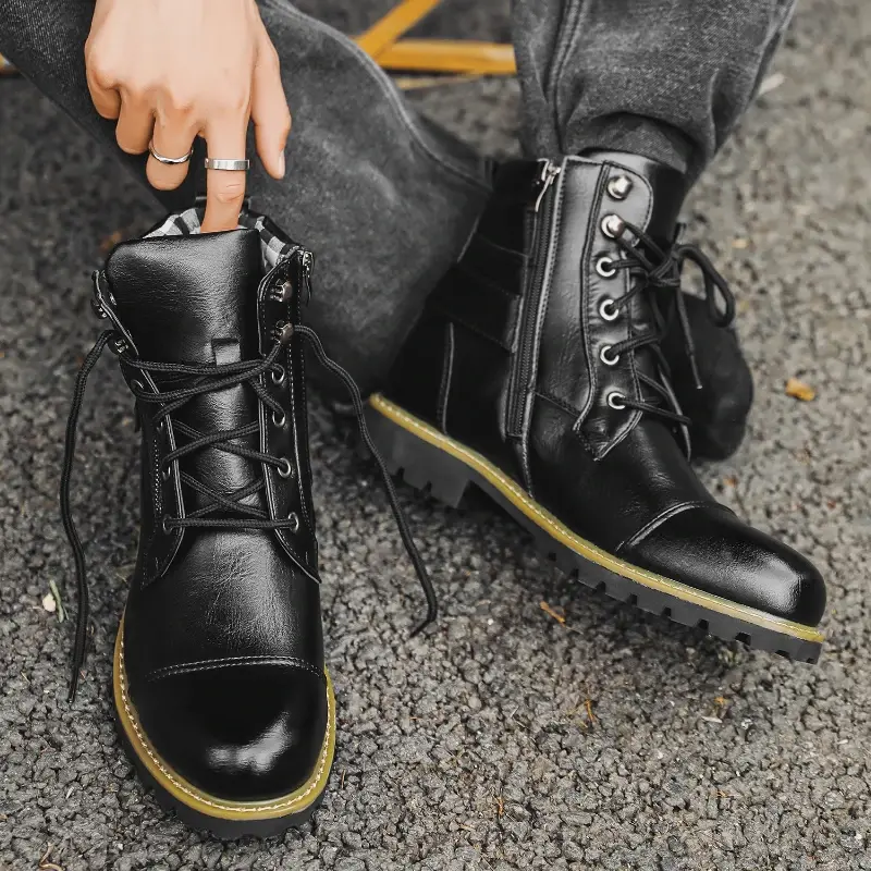 Men's Boots Leather Ankle Boots Metal Double Zipper Motorcycle Boots Retro High Top Men Shoes Designer Plus Size 48 Leather Boot
