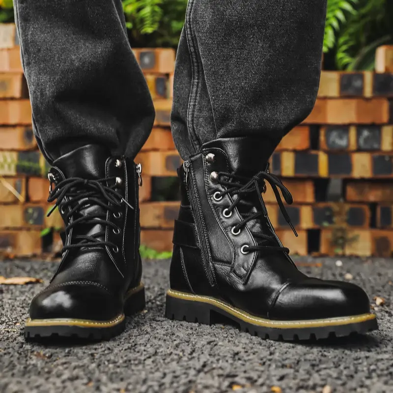 Men's Boots Leather Ankle Boots Metal Double Zipper Motorcycle Boots Retro High Top Men Shoes Designer Plus Size 48 Leather Boot