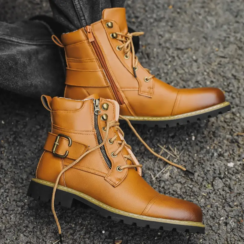Men's Boots Leather Ankle Boots Metal Double Zipper Motorcycle Boots Retro High Top Men Shoes Designer Plus Size 48 Leather Boot