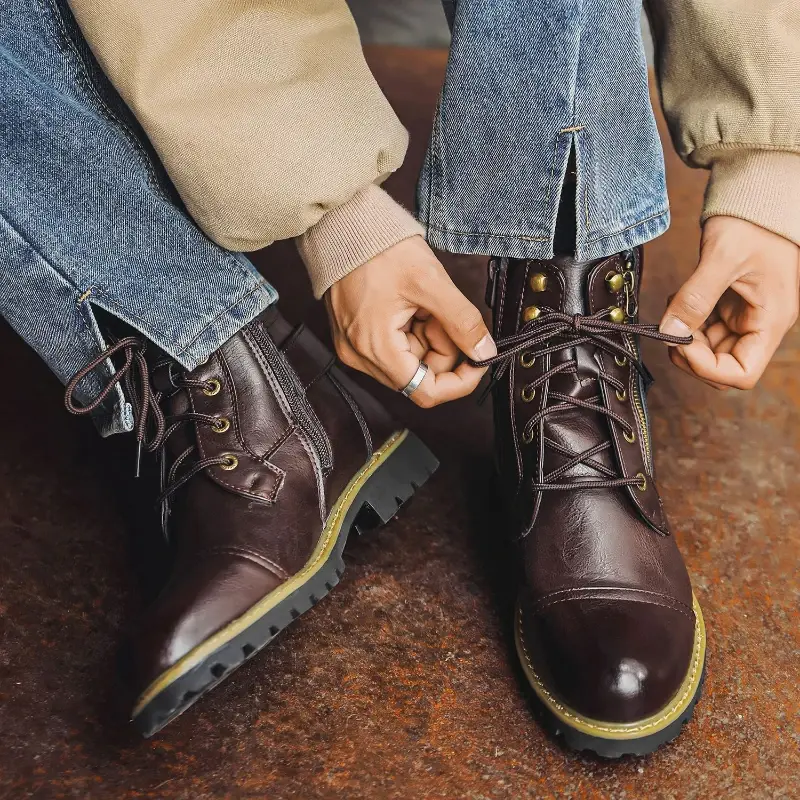 Men's Boots Leather Ankle Boots Metal Double Zipper Motorcycle Boots Retro High Top Men Shoes Designer Plus Size 48 Leather Boot