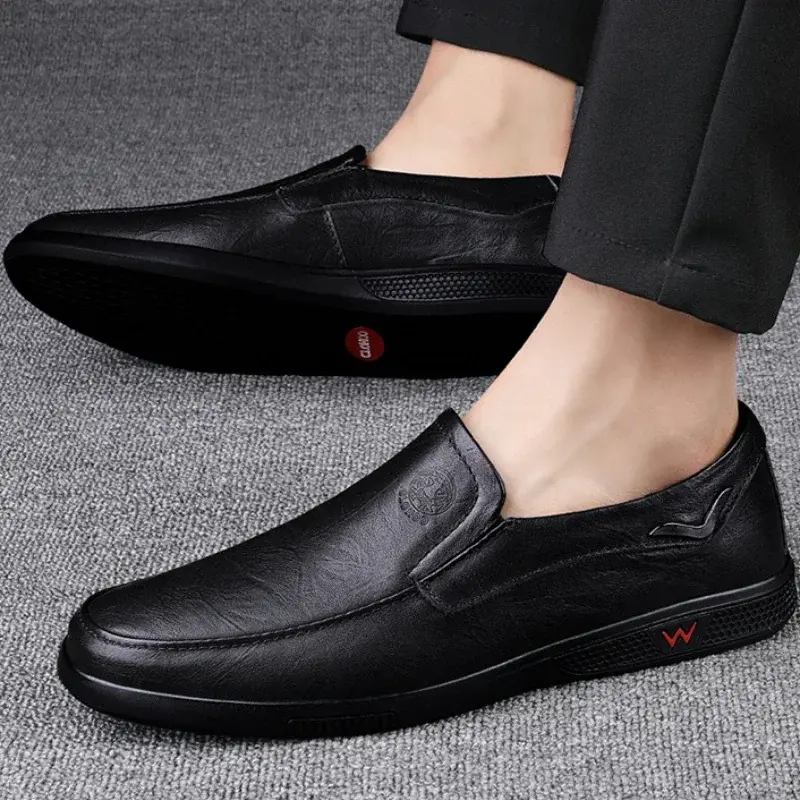 Handmade Men's Shoes Business Leather Shoes Rubber Sole Loafers Slip on Male Casual Shoes Work Office Shoe Black Flat Dress Shoe