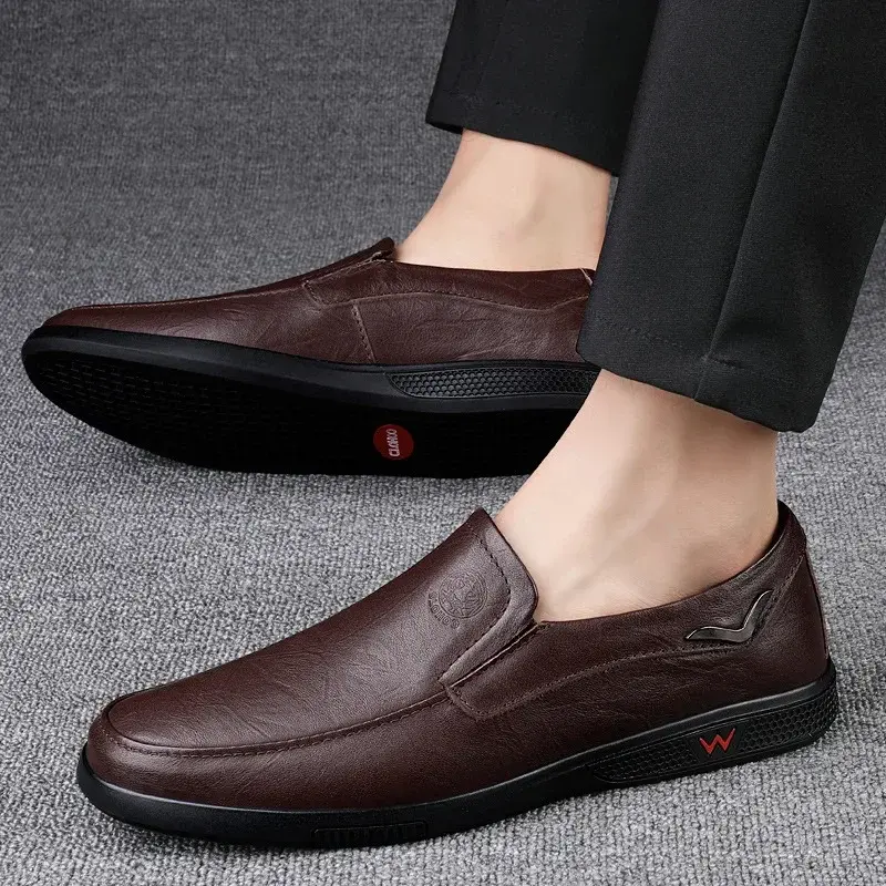 Handmade Men's Shoes Business Leather Shoes Rubber Sole Loafers Slip on Male Casual Shoes Work Office Shoe Black Flat Dress Shoe