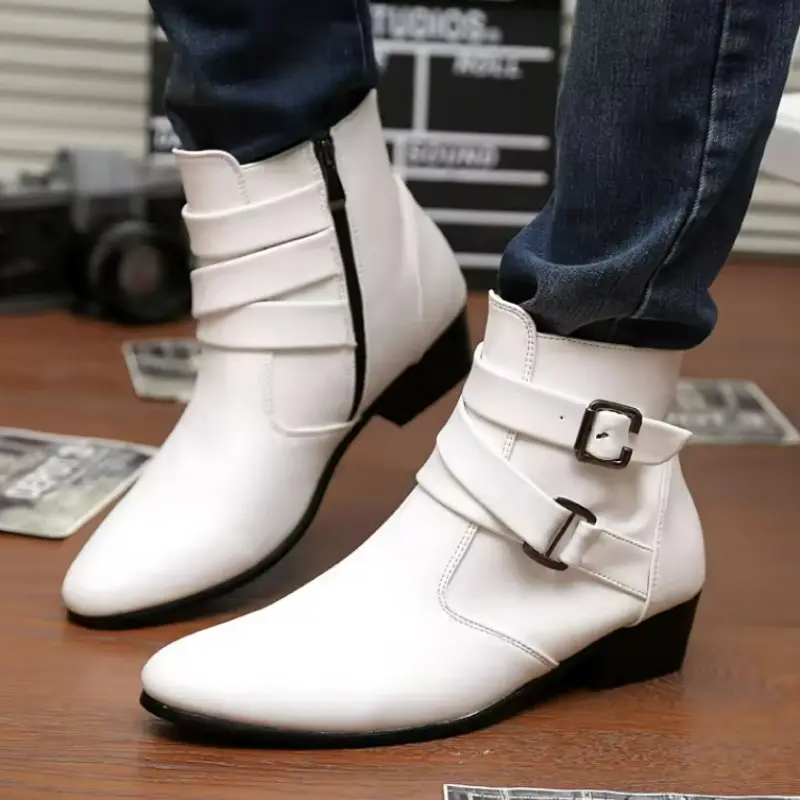 Luxury Men Boots Leather Chelsea Boots High Top Buckle Strap Formal Shoes Black British Style Ankle Boots Pointed Toe White Boot