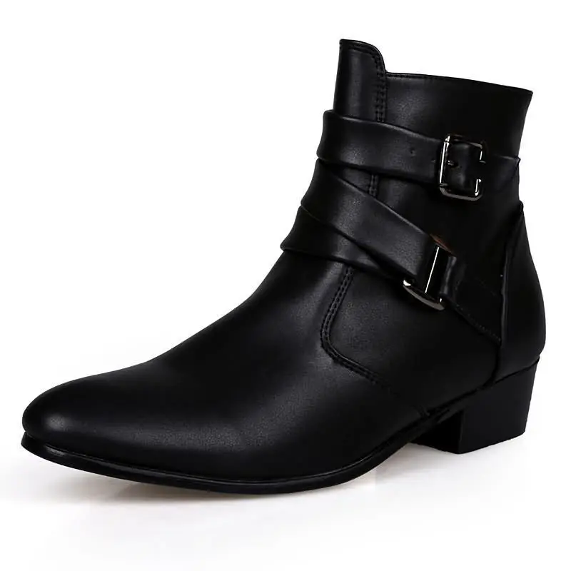 Luxury Men Boots Leather Chelsea Boots High Top Buckle Strap Formal Shoes Black British Style Ankle Boots Pointed Toe White Boot