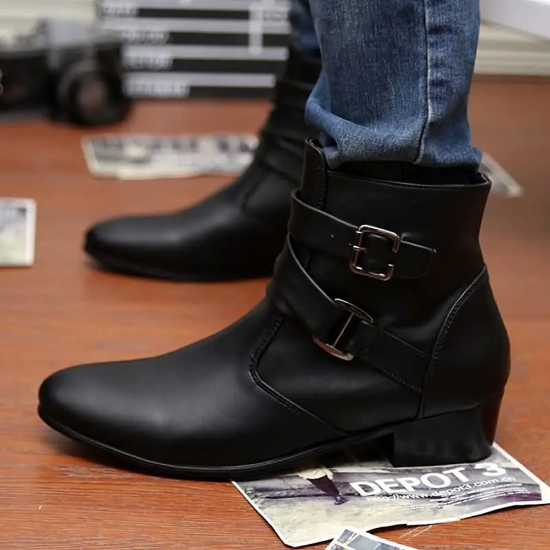 Luxury Men Boots Leather Chelsea Boots High Top Buckle Strap Formal Shoes Black British Style Ankle Boots Pointed Toe White Boot