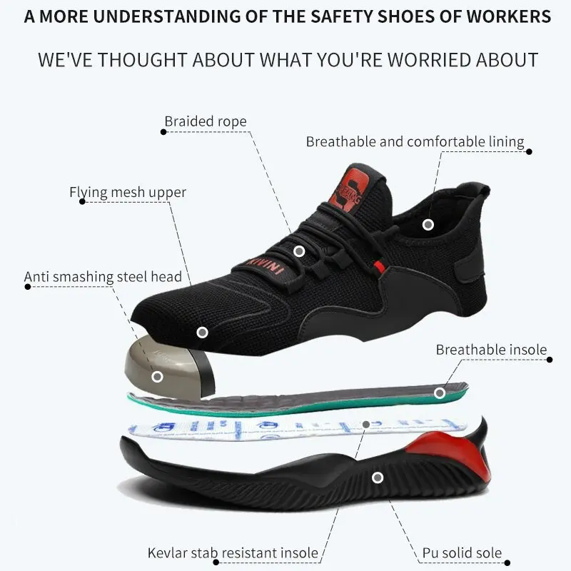 Work Men Safety Shoes Indestructible Steel Toe Shoes Puncture-Proof Anti-Smash Boots Protective Safety Boots Breathable Sneakers