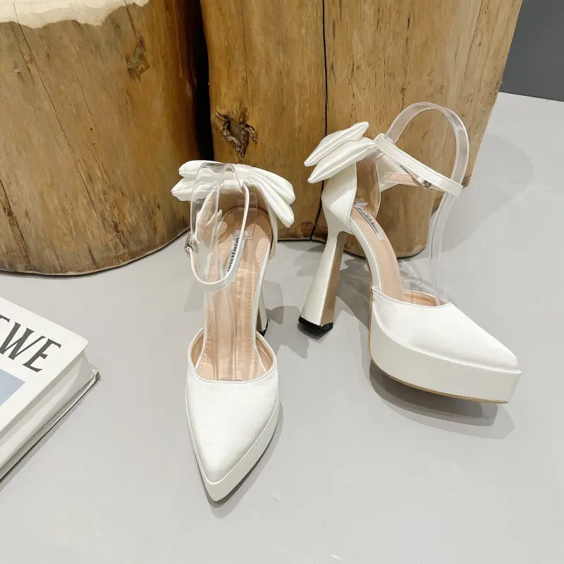 2025 Women High Heels Platform Shoes Summer New Fashion Satin Pumps Bowknot Pointed Toe Sandals Buckle Thick Heel Women's Shoes