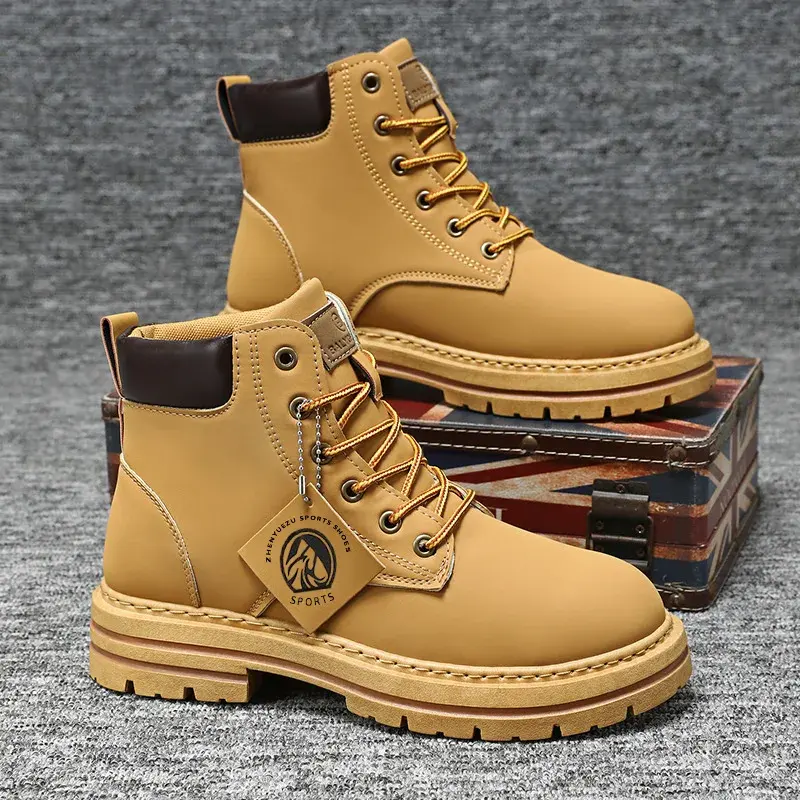 Men's Boots High Top Ankle Boots Trend Men Shoes Non-Slip Lace-Up Leather Shoes Men Wear-Resistant Hiking Boot Botas Para Hombre