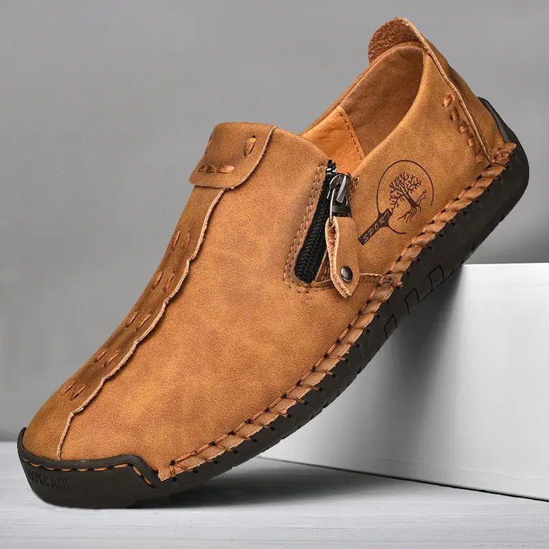 Hot Sale Men's Shoes Handmade Casual Shoes Breathable Zipper Men Leather Shoes Slip on Men Flats Loafers Plus Size Business Shoe