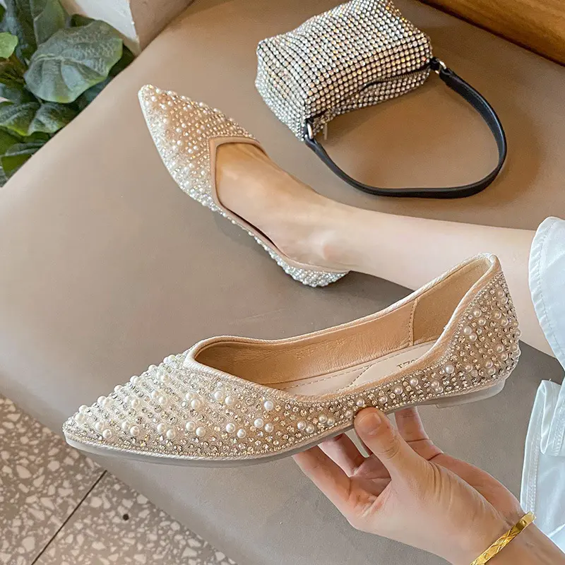 Women's Ballet Flats Pointed Toe Shoes Summer New Slip on Single Shoes Rhinestone Casual Loafers Shallow Soft Sole Women Shoes