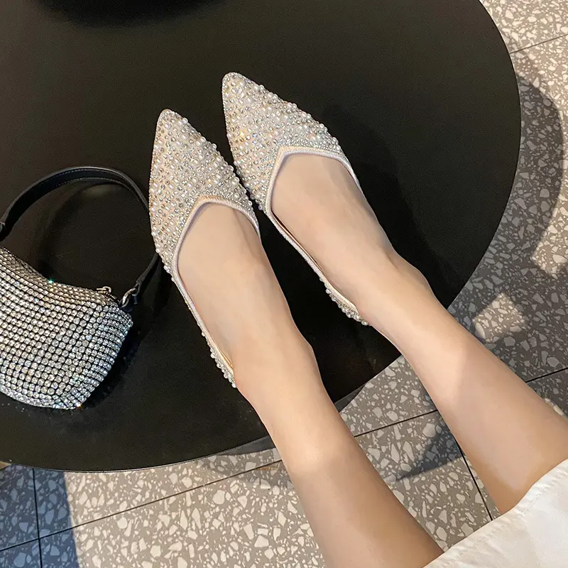 Women's Ballet Flats Pointed Toe Shoes Summer New Slip on Single Shoes Rhinestone Casual Loafers Shallow Soft Sole Women Shoes