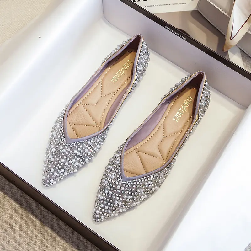 Women's Ballet Flats Pointed Toe Shoes Summer New Slip on Single Shoes Rhinestone Casual Loafers Shallow Soft Sole Women Shoes