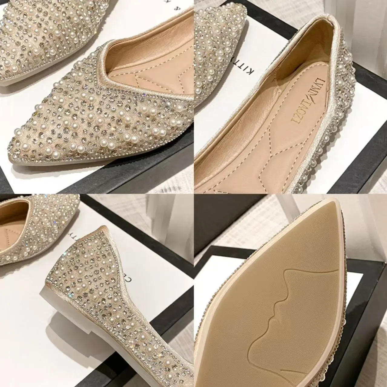 Women's Ballet Flats Pointed Toe Shoes Summer New Slip on Single Shoes Rhinestone Casual Loafers Shallow Soft Sole Women Shoes