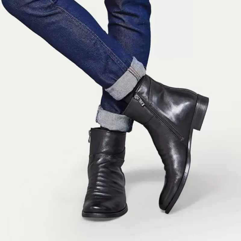 Men's Boots Side Zipper Leather Boots Fashion Outdoor Work Ankle Boots Plus Size High Top Shoes Handmade Platform Chelsea Boot