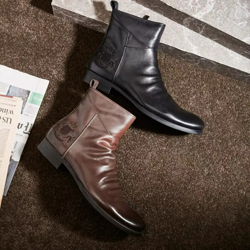 Men's Boots Side Zipper Leather Boots Fashion Outdoor Work Ankle Boots Plus Size High Top Shoes Handmade Platform Chelsea Boot