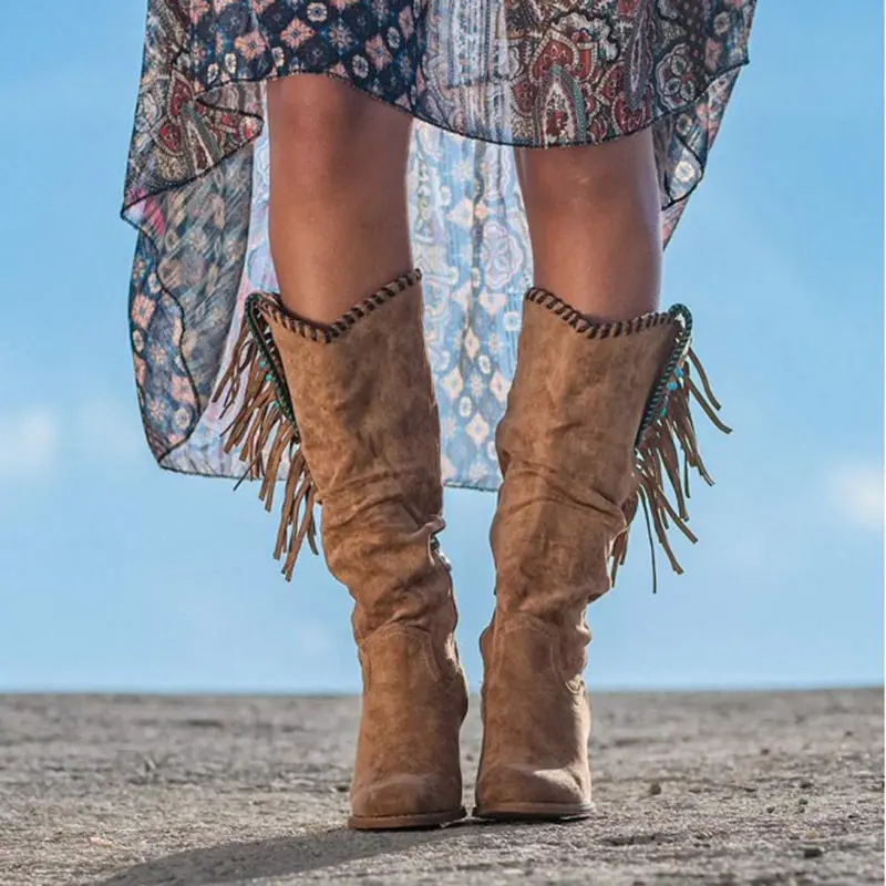 Retro Women's Boots Tassle Western Cowboy Boots New Metal Buckle Pointed Toe High Boots Suede Thick Heel Women Shoes Botas Mujer