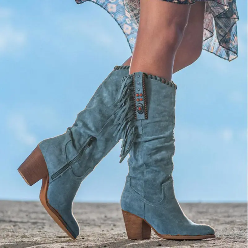 Retro Women's Boots Tassle Western Cowboy Boots New Metal Buckle Pointed Toe High Boots Suede Thick Heel Women Shoes Botas Mujer