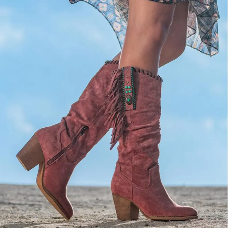 Retro Women's Boots Tassle Western Cowboy Boots New Metal Buckle Pointed Toe High Boots Suede Thick Heel Women Shoes Botas Mujer