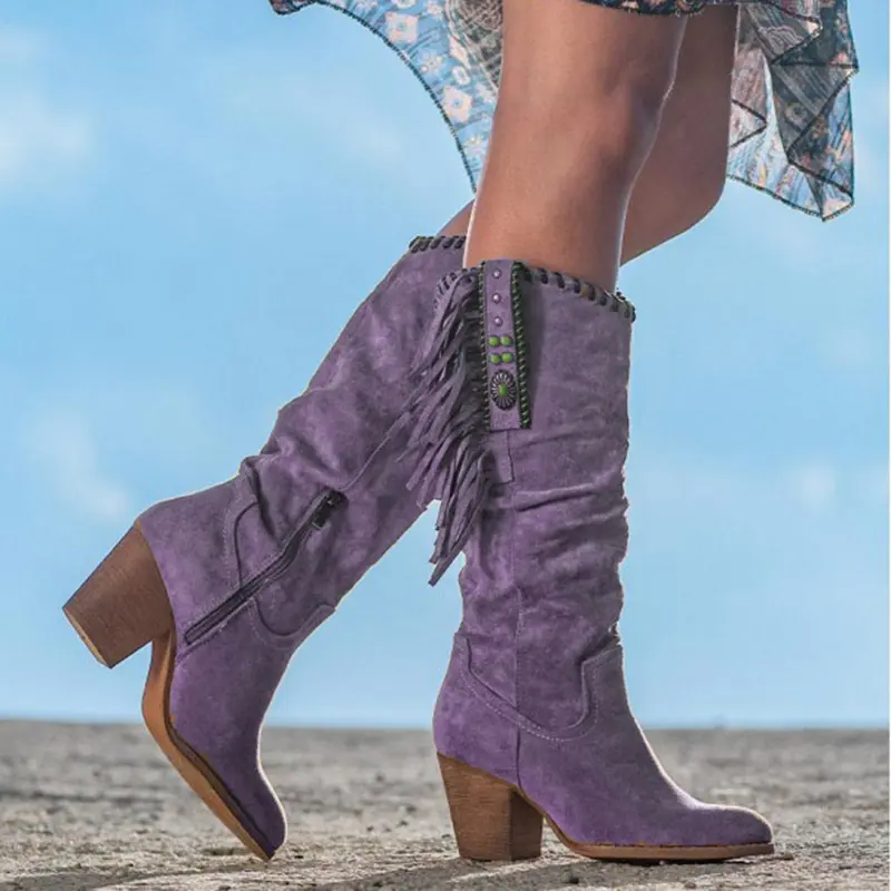 Retro Women's Boots Tassle Western Cowboy Boots New Metal Buckle Pointed Toe High Boots Suede Thick Heel Women Shoes Botas Mujer