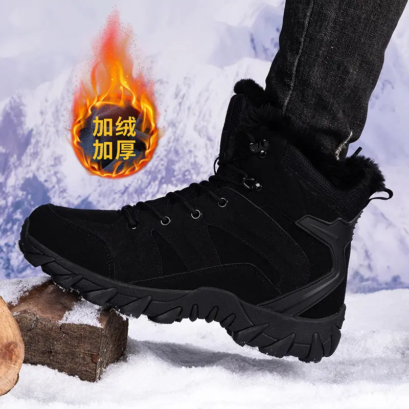 Outdoor Leather Mens Slip on Boots Platform Shoes Luxury Brand Men Winter Plush Snow Boots Fashion All-match Men Motocross Boots