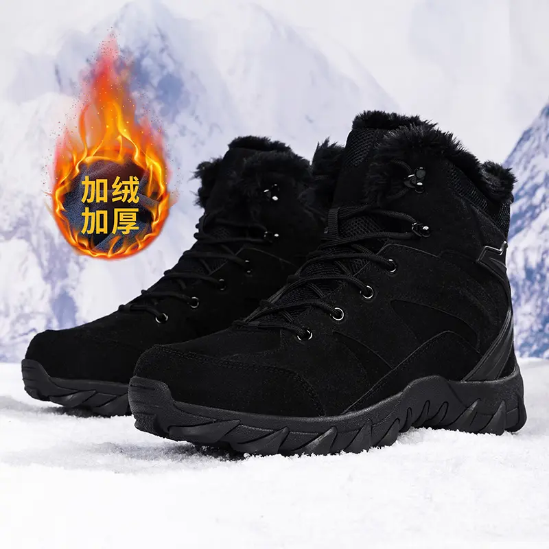 Outdoor Leather Mens Slip on Boots Platform Shoes Luxury Brand Men Winter Plush Snow Boots Fashion All-match Men Motocross Boots