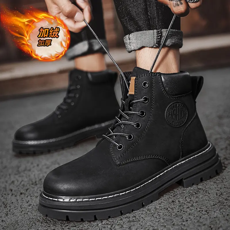 Outdoor Leather Mens Slip on Boots Platform Shoes Luxury Brand Men Winter Plush Snow Boots Fashion All-match Men Motocross Boots