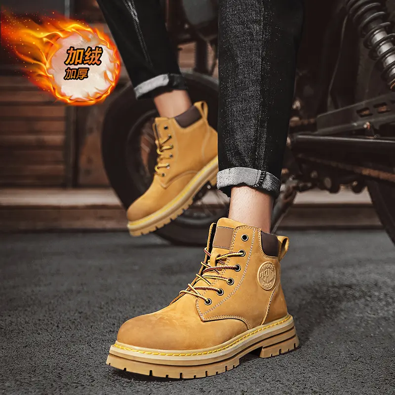 Outdoor Leather Mens Slip on Boots Platform Shoes Luxury Brand Men Winter Plush Snow Boots Fashion All-match Men Motocross Boots