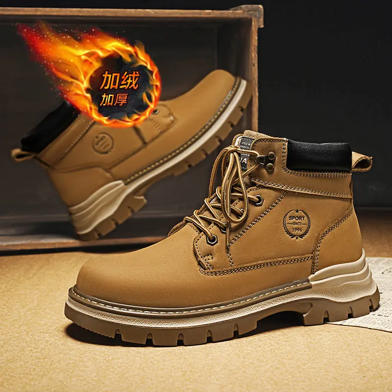 Outdoor Leather Mens Slip on Boots Platform Shoes Luxury Brand Men Winter Plush Snow Boots Fashion All-match Men Motocross Boots