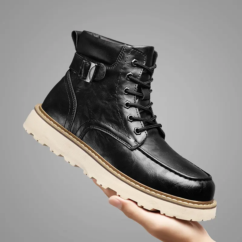 Outdoor Leather Mens Slip on Boots Platform Shoes Luxury Brand Men Winter Plush Snow Boots Fashion All-match Men Motocross Boots