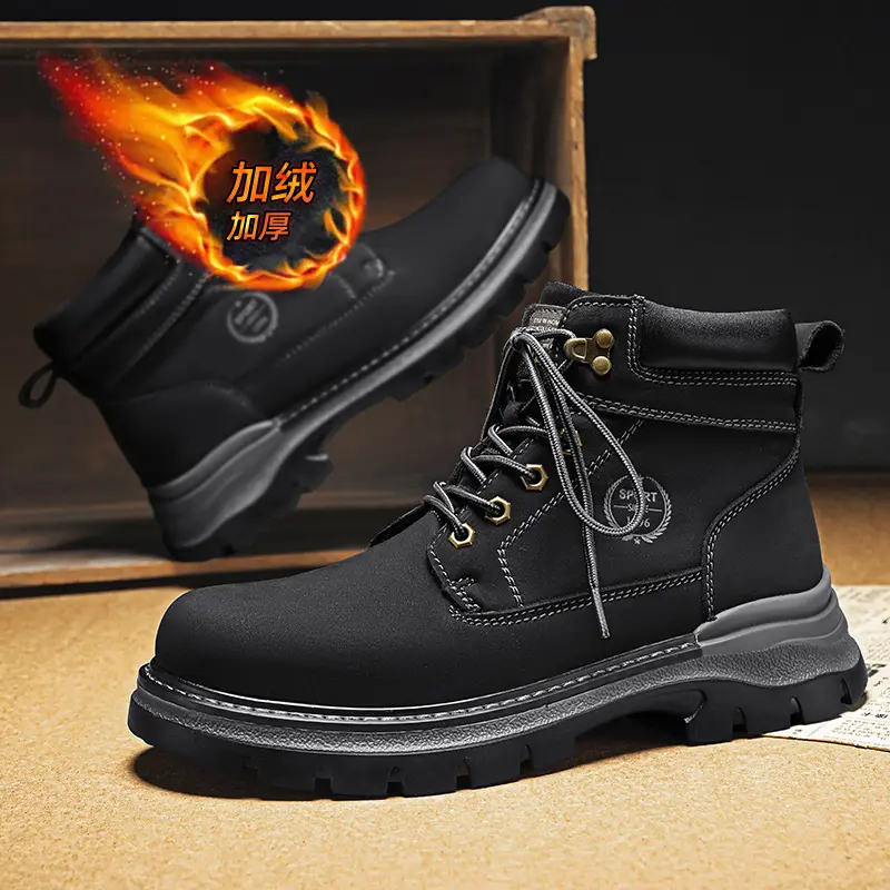 Outdoor Leather Mens Slip on Boots Platform Shoes Luxury Brand Men Winter Plush Snow Boots Fashion All-match Men Motocross Boots