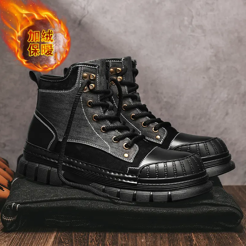 Outdoor Leather Mens Slip on Boots Platform Shoes Luxury Brand Men Winter Plush Snow Boots Fashion All-match Men Motocross Boots