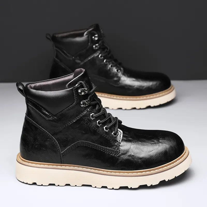 Outdoor Leather Mens Slip on Boots Platform Shoes Luxury Brand Men Winter Plush Snow Boots Fashion All-match Men Motocross Boots