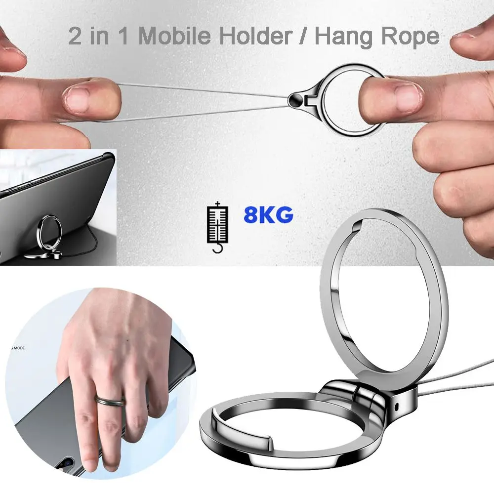 2 in 1 Mobile Holder Metal Stand and Ring Hang Rope 360 Degree Finger Ring Lanyard For Phone